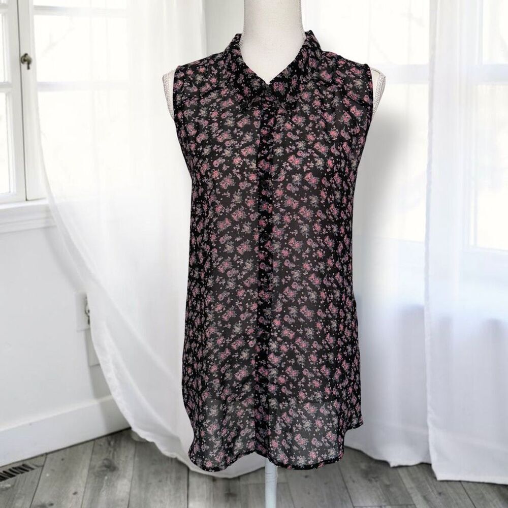 Zenobia Black Floral Sleeveless Button Down Top Sz L